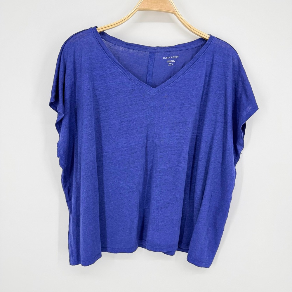 Eileen Fisher V-Neck Top Womens Large Blue Excellent Organic Linen Boxy Tee